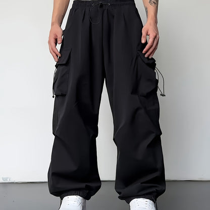 Men's Solid Color Baggy Cargo Pants With Drawstrings, Multi-pocket Casual Stylish Outdoor Trousers As Gift