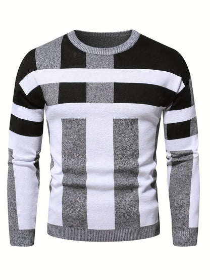 Mens Stylish Color Block Round Neck Stretch Sweater - Soft, Warm, and Trendy Pullover for Winter Outdoor Activities - Perfect for Casual Wear