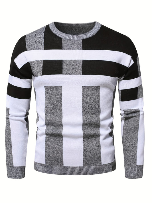 Mens Stylish Color Block Round Neck Stretch Sweater - Soft, Warm, and Trendy Pullover for Winter Outdoor Activities - Perfect for Casual Wear