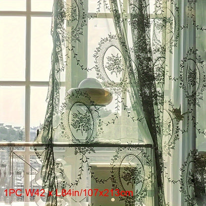 1pc Romantic Vintage Green Floral Embroidery Lace Voile Sheer Curtain - Ruffled Short Window Drapery for Bedroom Office Kitchen Living Room Study - Elegant Home Decor with Soft Filtered Light and Privacy