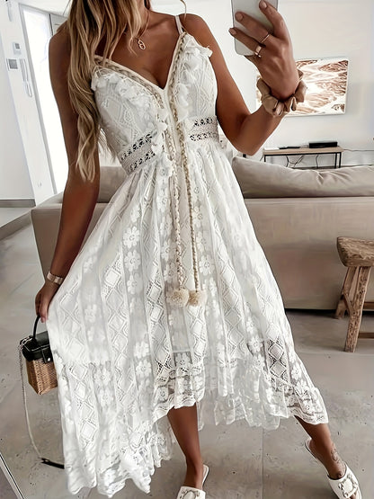 Chic Sleeveless Lace Cami Dress - Elegant Dipped Hem & Tassel Detail - Versatile for Evening & Casual Wear