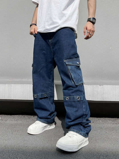 Men's Casual Loose Fit Jeans, Chic Street Style Multi Pocket Denim Pants