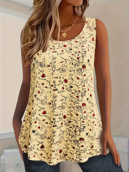 Vibrant Ditsy Floral Print Crew Neck Tank Top - Soft Mid-Elasticity Polyester Knit Fabric, Semi-Sheer, Machine Washable, Perfect for Summer Casual Wear - Womens Clothing