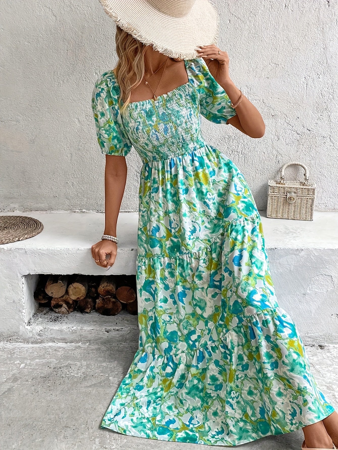 Charming Floral Print Square Neck Dress - Flattering Shirred Waist & Puff Sleeves - Perfect Spring & Summer Style for Women