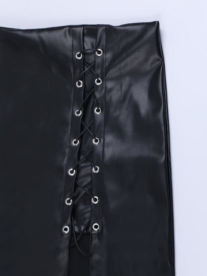 Women's Street Style Split Hem Lace Up Plain Black Color Denim Skirt, PU Leather Coated Bodycon Faux Leather Skirt