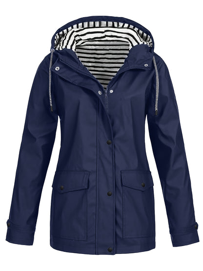 Cozy Lined Striped Zip Up Hooded Jacket - Adjustable Drawstring & Versatile Zipper - Trendy Casual Outerwear for Women - Perfect for Fall & Winter