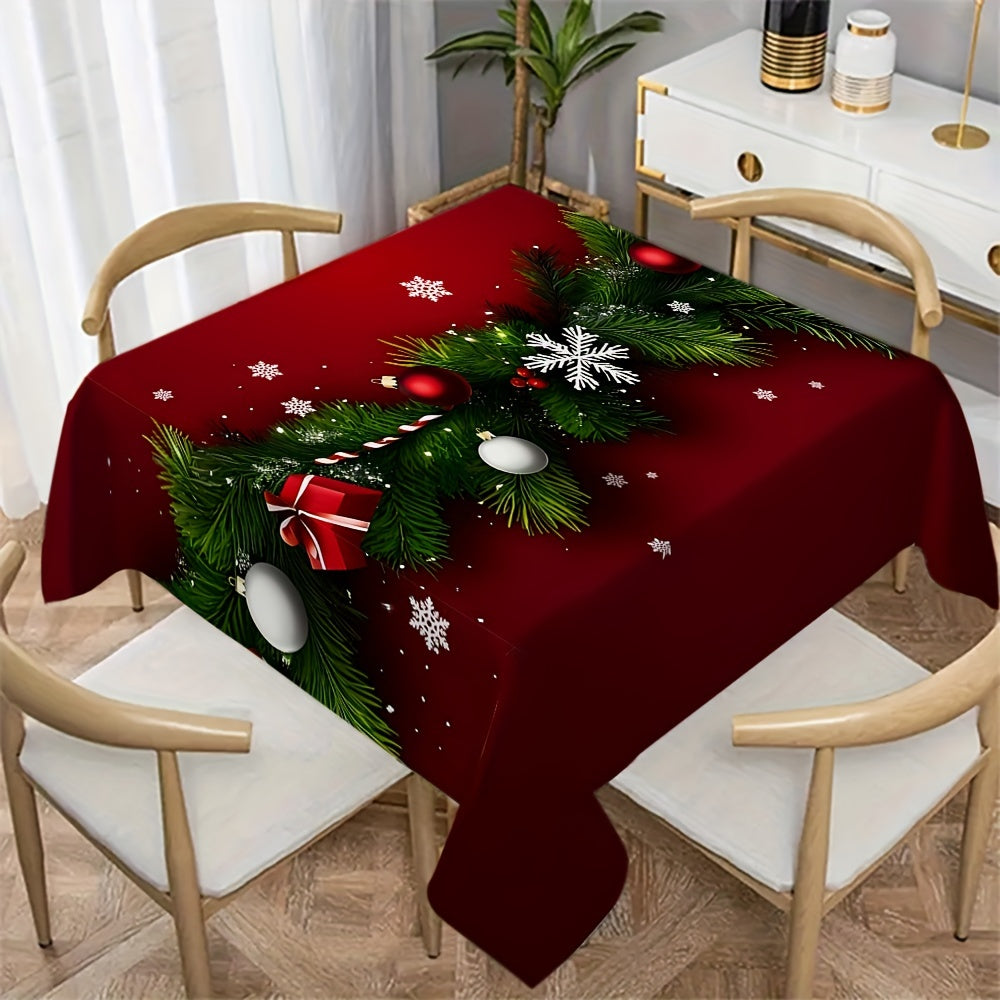 1pc Christmas Joy Tablecloth, Festive Red with Christmas Pine & Ornaments, Polyester Woven Table Runner, Machine-Made, Easy Clean & Dry, Square/Rectangular for Dining, Kitchen, and Living Room Decor, Gift Idea