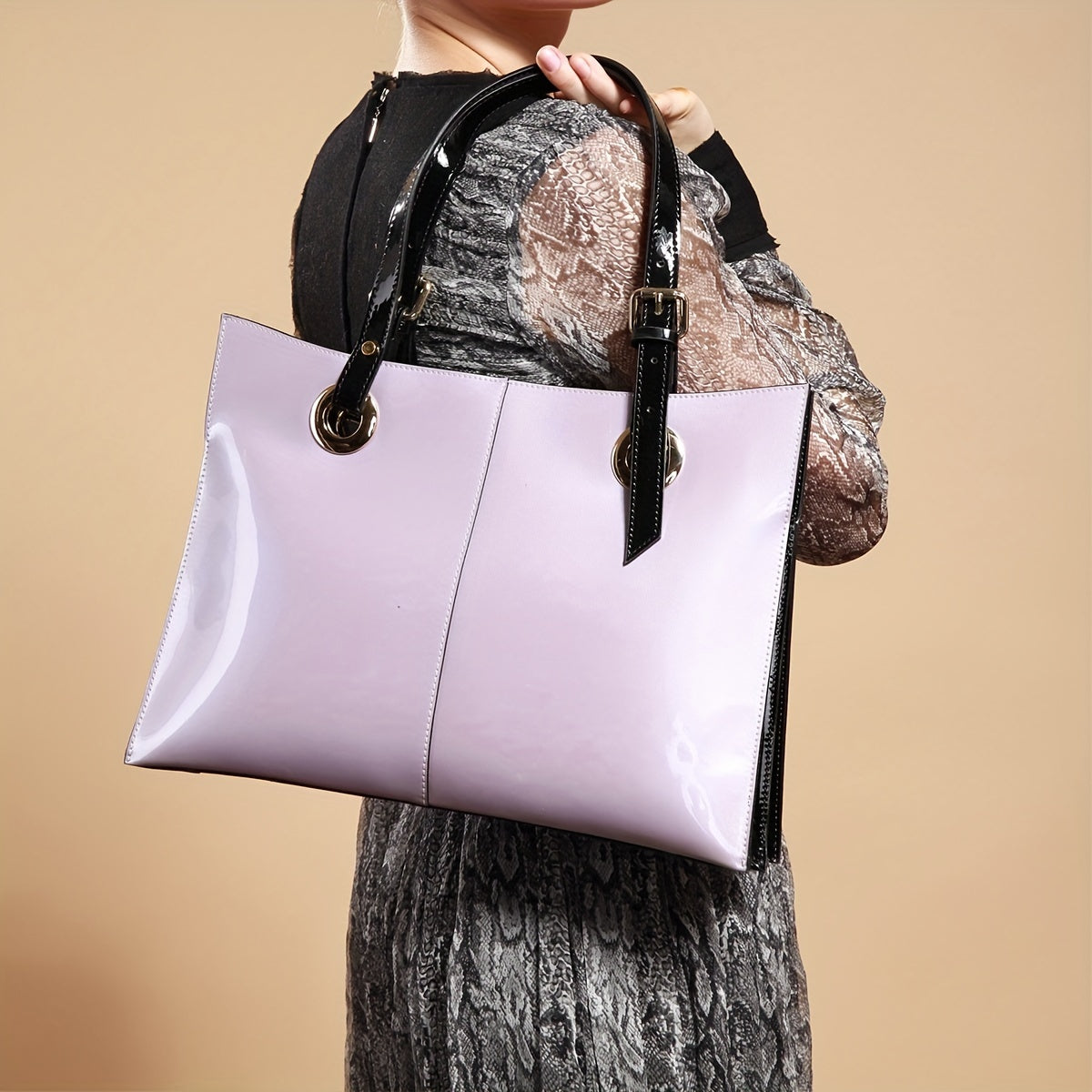 [Fast Arrival] Large Embellished Glossy Patent Leather Tote Handbags for Women - Spacious Waterproof Interior, Adjustable Shoulder Strap, Classic Retro Style in Dark Purple, Wine Red, Dark Blue