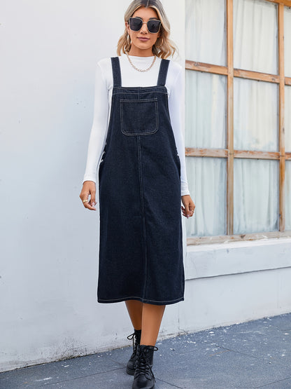Plain Dark Washed Blue Loose Fit Denim Overall Dress, Patch Pocket Versatile Casual Denim Dress, Women's Denim Jeans & Clothing