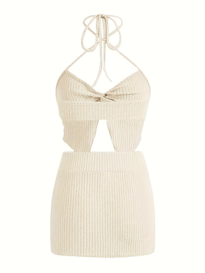 Sultry Solid Ribbed Skirt Set - Figure-Flattering Halter Crop Top & Cozy Knit Skirt Outfit - Womens Casual Fashion Clothing Ensemble