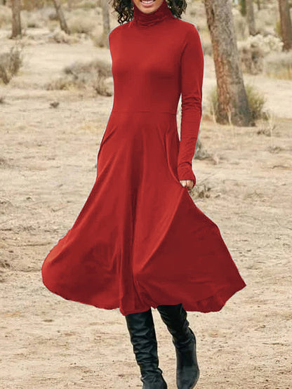 Midi Solid High Neck Long Sleeve Elegant Daily Dress for Women - Comfortable, Versatile, and Chic Clothing for Work, Date, or Casual Occasions - Perfect for Spring, Summer, and Autumn Seasons