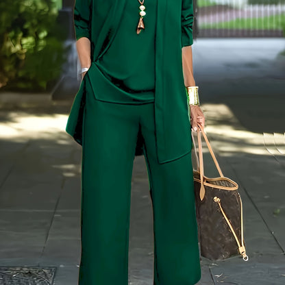 LOVECCR Casual Three-piece Solid Set, Long Sleeve Cardigan & Top & Long Pants Outfits, Women's Clothing