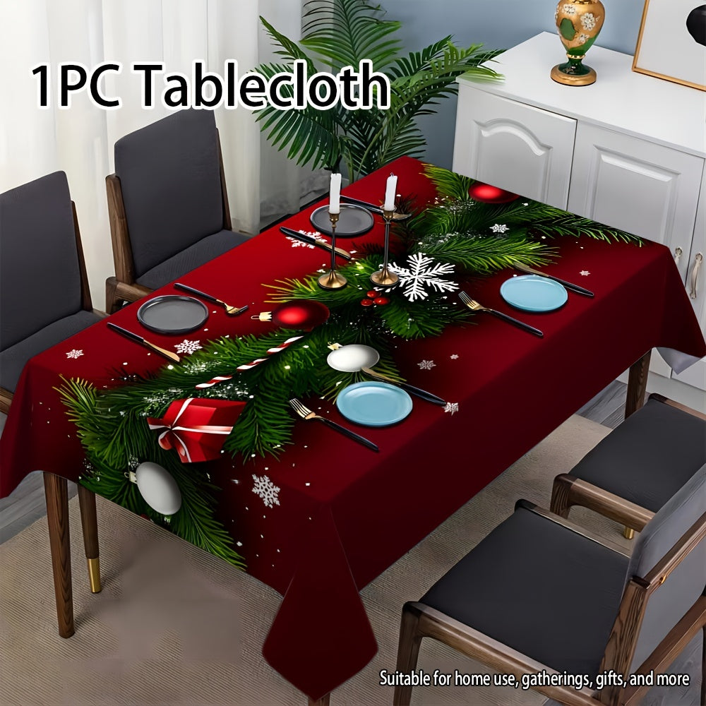 1pc Christmas Joy Tablecloth, Festive Red with Christmas Pine & Ornaments, Polyester Woven Table Runner, Machine-Made, Easy Clean & Dry, Square/Rectangular for Dining, Kitchen, and Living Room Decor, Gift Idea