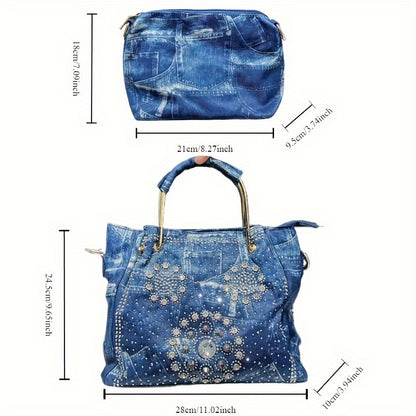 Elegant Denim Tote Bag with Sparkling Rhinestone Accents, Large Capacity Shoulder Handbag for Women - Detachable Strap
