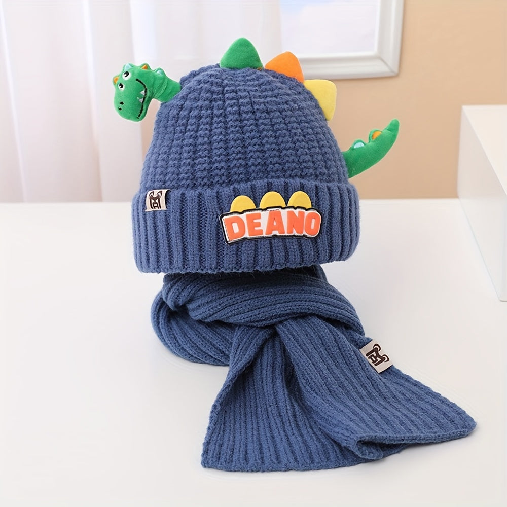 Children's Dinosaur Knit Beanie and Scarf Set Polyester - Hand Wash Stretch Fit Cartoon Dinosaur Pattern - Lightweight Fall/Winter Cap for Daily, Casual, Travel, Birthday Parties - Fits Ages 3-14 (Pack of 2)