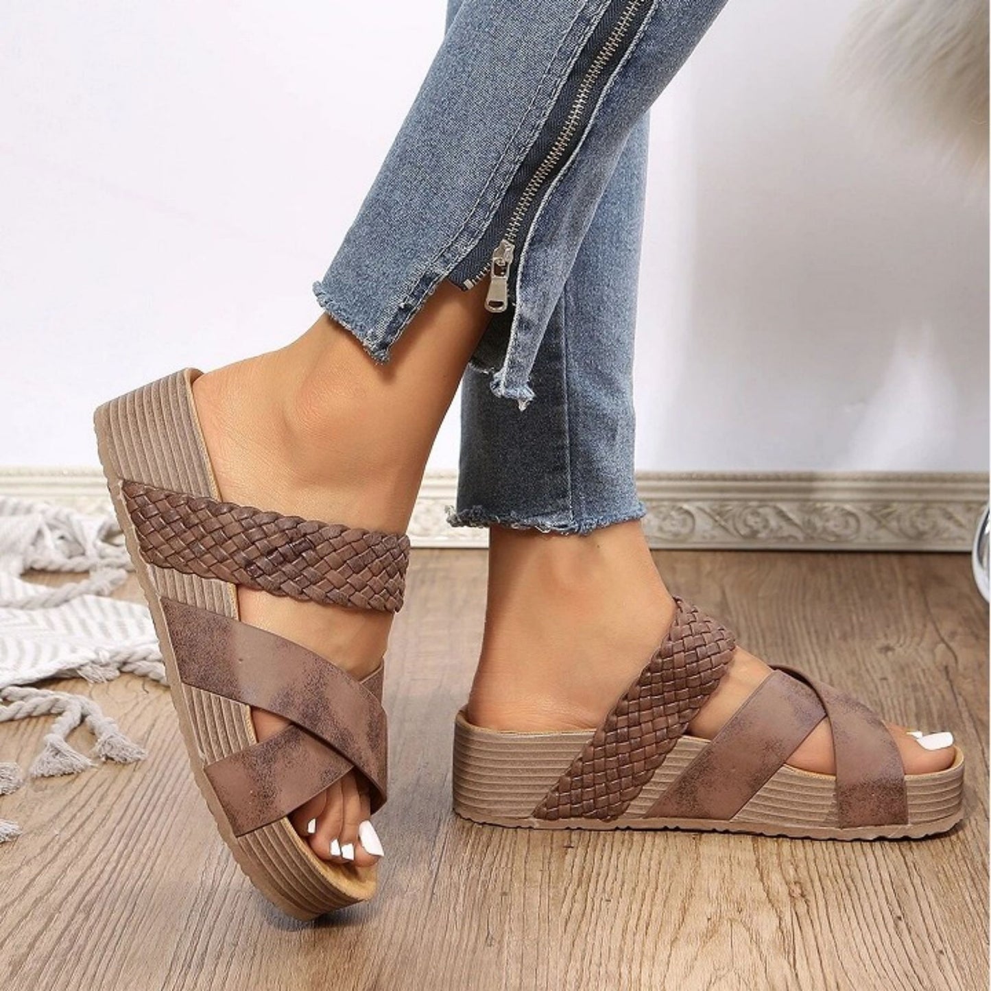 Mid Heel Braided Sandals - Elegant Open Toe Slippers with Thick Rubber Sole, Fabric Upper and Inner, Buckle Closure, Solid Color, All-Season Wear for Women