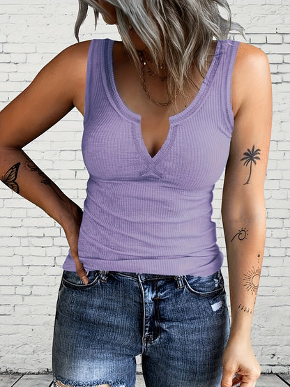 Fashionable Solid Color Notched Neck Tank Top - Stylish & Comfortable Sleeveless Top for Summer Days - Perfect Womens Casual Wear