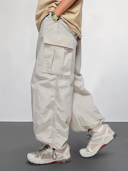 Rugged yet Stylish Mens Cargo Pants - Loose Fit, Solid Color with Flap Pockets & Adjustable Drawstring Hem - Ideal for Outdoor Adventures, Casual Wear & Street Style