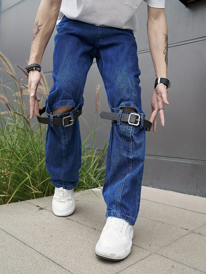 Mens Casual Loose Cargo Jeans - Solid Cotton Blend with Adjustable Drawstring & Multiple Pockets - All Seasons, Rugged for Outdoor, Leisure, and Work Wear
