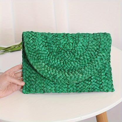 Women's Fashion Flap Envelope Straw Bag, Summer Beach Handmade Wallet, Clutch Solid Color Travel Wallet