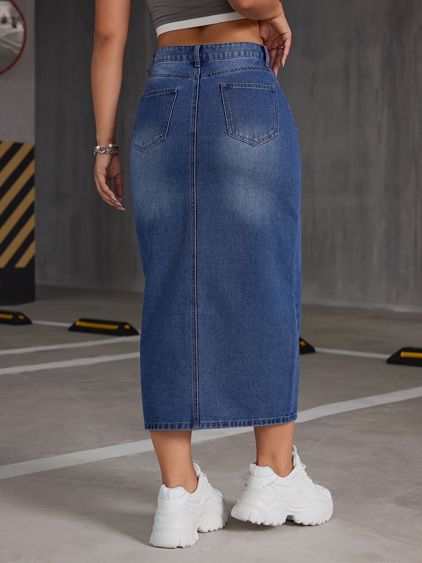 Chic Womens Denim Midi Skirt with Slant Pockets & Split Hem - Trendy Non-Stretch Washed Casual Style - Perfect for Everyday Wear
