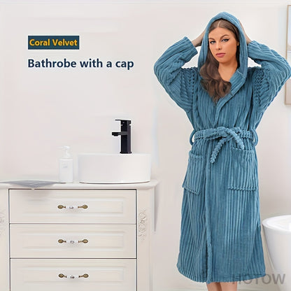 Super Soft Coral Velvet Hooded Bathrobe, Unisex Winter Warm Robe, Polyester & Polyamide Blend, Absorbent, Casual Knit Long Robe with Hood & Pockets, Machine Washable, Universal Space Theme, for Autumn & Winter - 350gsm Towel Fabric