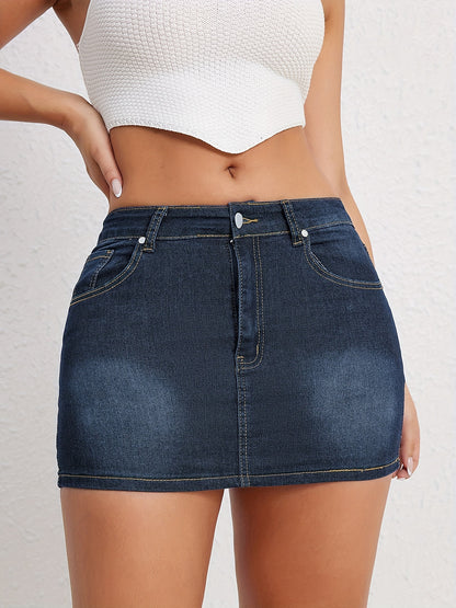 Chic Blue and Black Embroidered Denim Skirt - Slim Fit with Mid-Stretch for Casual Wear