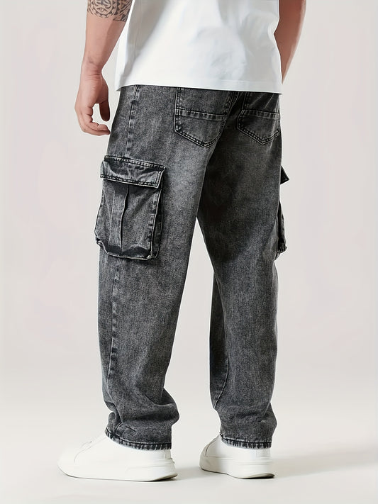 Stylish Comfy Loose Fit Wide Leg Cargo Jeans - Men's Versatile Denim Pants for Four Seasons with Multiple Pockets - Perfect for Casual Daily Wear