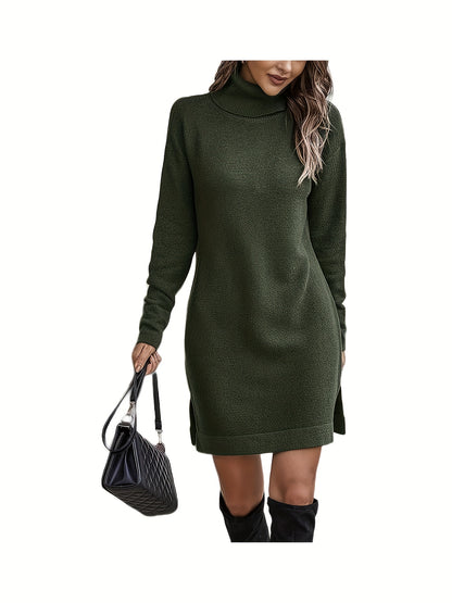 Turtle Neck Slit Side Sweater Dress, Casual Long Sleeve Knitted Dress For Fall & Winter, Women's Clothing