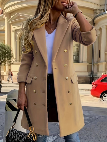 Double-breasted Notched Collar Coat, Elegant Long Sleeve Coat For Fall & Winter, Women's Clothing