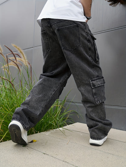 Mens Casual Loose Cargo Jeans - Solid Cotton Blend with Adjustable Drawstring & Multiple Pockets - All Seasons, Rugged for Outdoor, Leisure, and Work Wear
