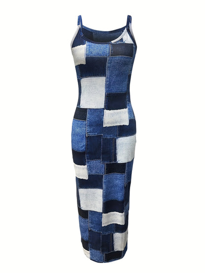 Patchwork Print Bodycon Dress, Elegant Spaghetti Strap Sleeveless Dress, Women's Clothing