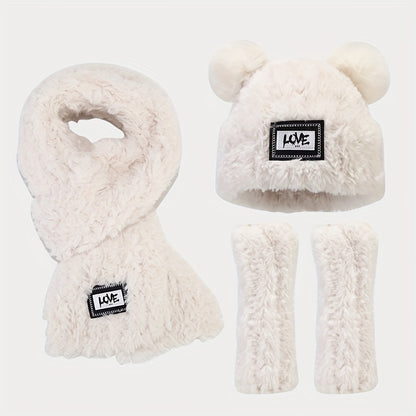 2pcs+1pair/set Labelled Lettering Double Balls Knit Hat & Scarf & Gloves For Autumn And Winter Outdoor, Ideal choice for Gifts