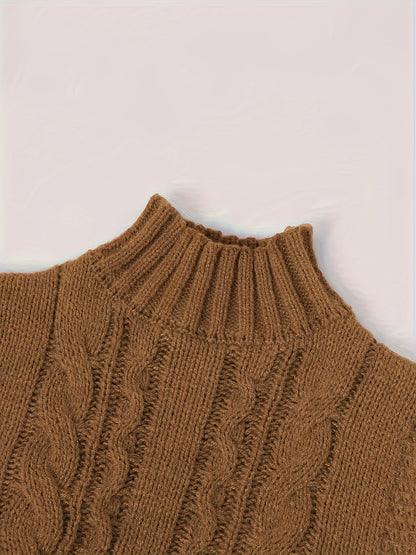 Cozy Cable Knit Turtleneck Aran Sweater Dress - Soft, Elegant, and Warm Lantern Sleeve Knitted Dress for Fall and Winter - Women's Clothing for Everyday Wear