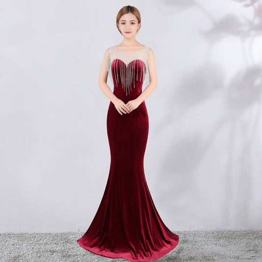 8288 #High flash diamond chain velvet evening dress banquet long slim and elegant fishtail annual meeting host
