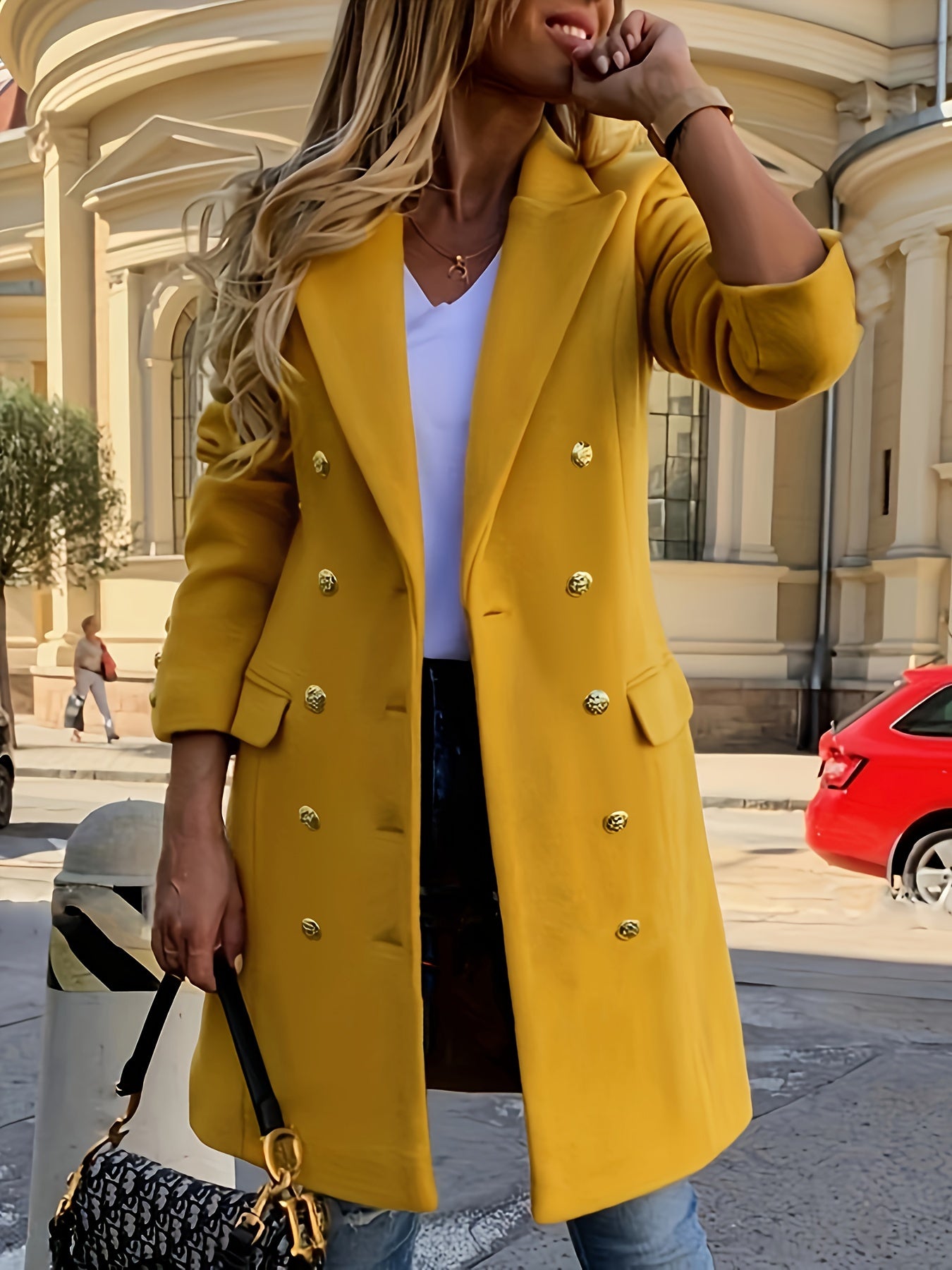 Double-breasted Notched Collar Coat, Elegant Long Sleeve Coat For Fall & Winter, Women's Clothing