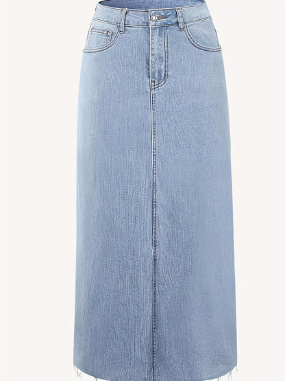 Stretchy Denim Skirt - Flattering A-line Silhouette with Classic Button Front, Trendy Raw Hem, and Ultra-Stretchy Material for Effortless Casual Style - Womens Comfortable Fashion Essential