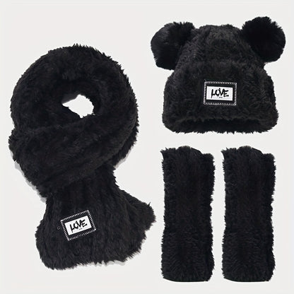 2pcs+1pair/set Labelled Lettering Double Balls Knit Hat & Scarf & Gloves For Autumn And Winter Outdoor, Ideal choice for Gifts