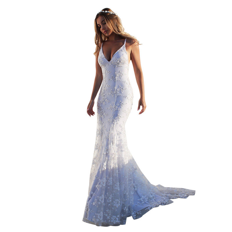 2025 Popular trade new dress long dress ebay  sexy V-neck white suspender dress dress