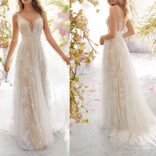 Popularan beautiful women Popular trade new wedding dress wish  sexy V-neck sleeveless lace wedding dress