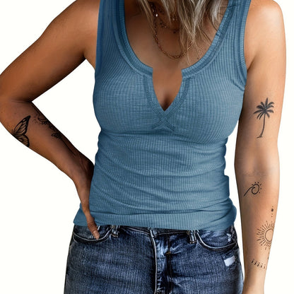Fashionable Solid Color Notched Neck Tank Top - Stylish & Comfortable Sleeveless Top for Summer Days - Perfect Womens Casual Wear