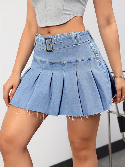 Mini Pleated Denim Skirt - Belted, Zip-Up, Frayed Hem, Solid Color, Non-Stretch, Woven, Casual Style for Spring/Summer/Fall Seasons