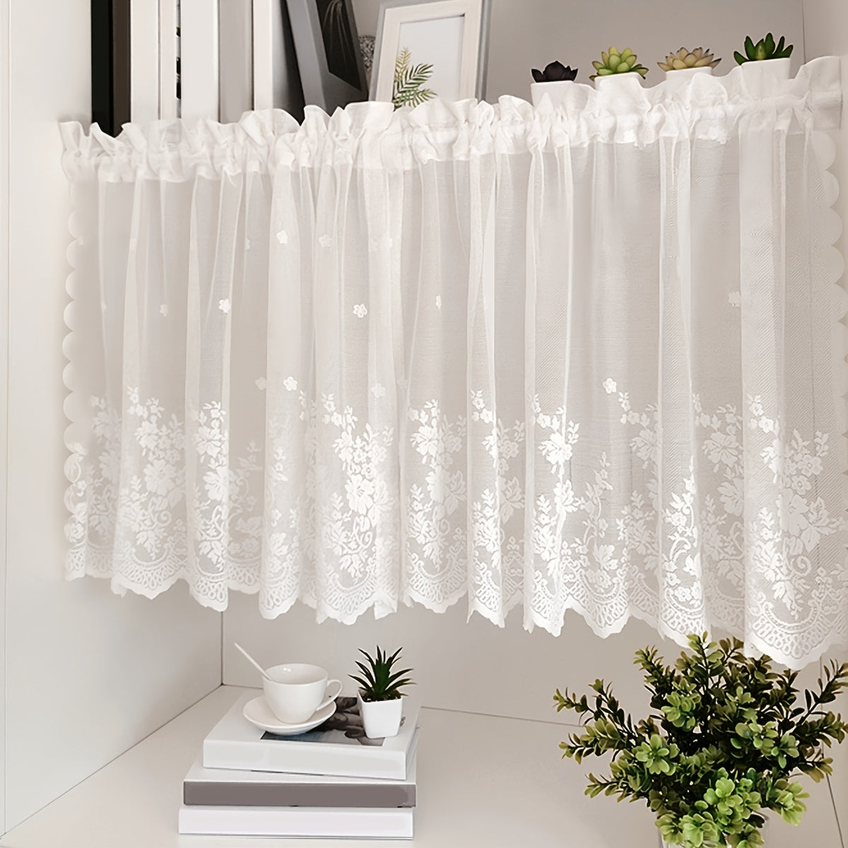 1pc Lace Small Curtain Flower Cafe Curtain, Simple And Sweet Small Window Curtain, Rod Pocket White Window Curtain Suitable For Kitchen And Dining Room, Window And Door Decoration, Cabinet Curtain Home Decor