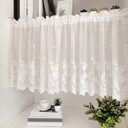1pc Lace Small Curtain Flower Cafe Curtain, Simple And Sweet Small Window Curtain, Rod Pocket White Window Curtain Suitable For Kitchen And Dining Room, Window And Door Decoration, Cabinet Curtain Home Decor