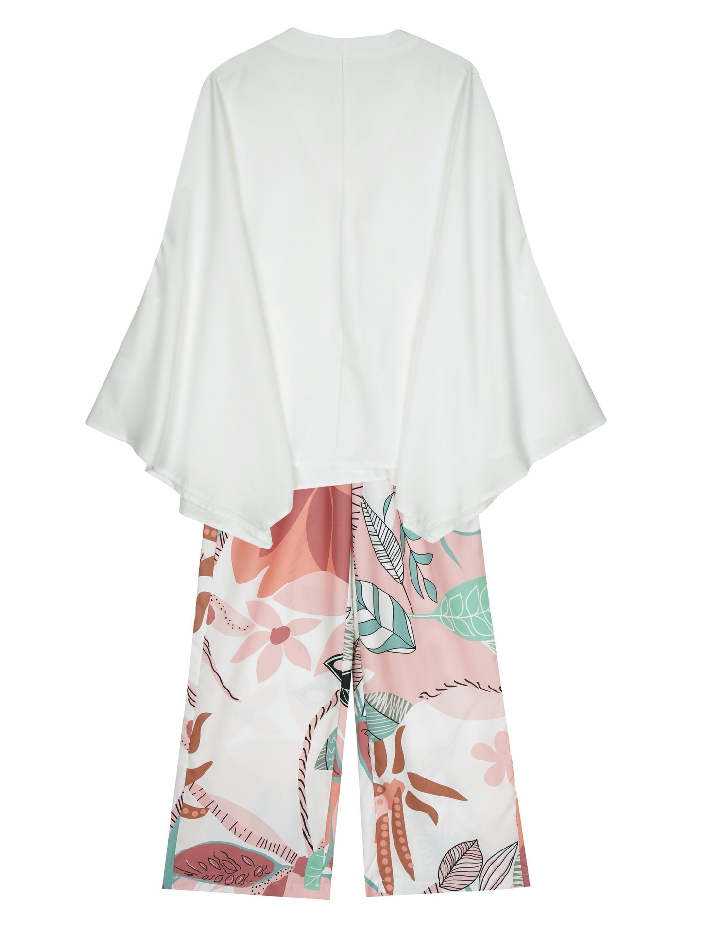 chic Womens Two-piece Outfit Set - Relaxed Fit V-neck Top with Boho Batwing Sleeves & Exotic Tropical Print Wide Leg Pants - Casual Fashion Clothing Ensemble