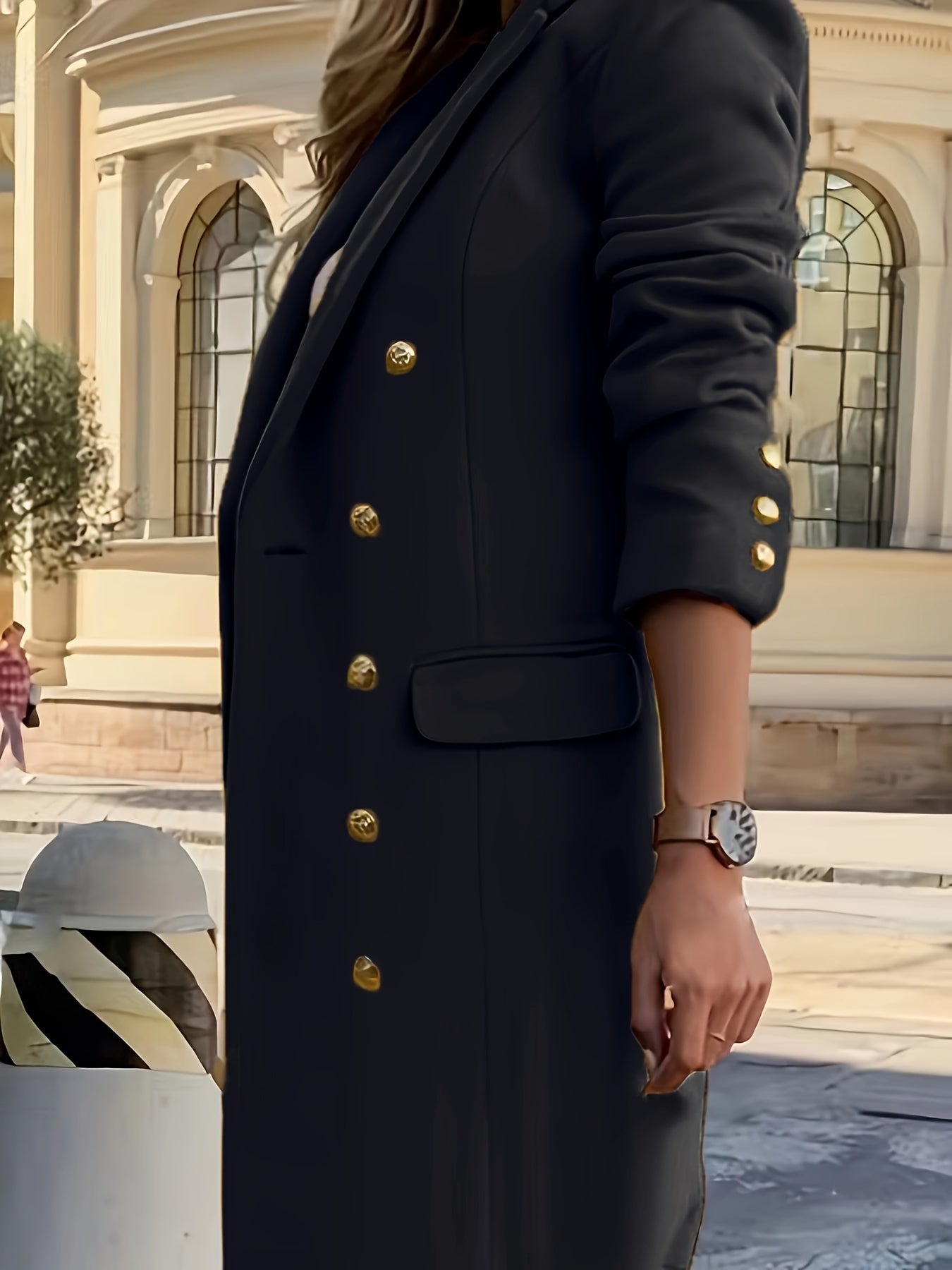 Double-breasted Notched Collar Coat, Elegant Long Sleeve Coat For Fall & Winter, Women's Clothing