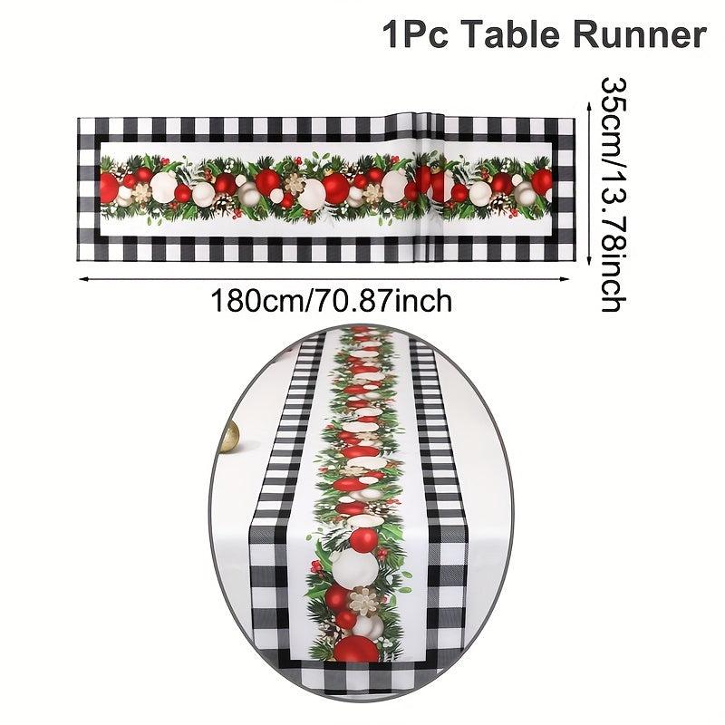 Christmas Table Runner - 1pc Polyester Buffalo Check with Festive Xmas Balls Print, Perfect for Home Decor, Holiday Gatherings, Wedding, Bridal Shower, Birthday, Anniversary - Machine-Washable Table Decor