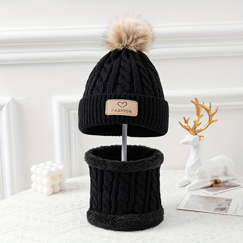 2pcs Warm Pom Pom Knitted Hat And Scarf Set For Boys And Girls