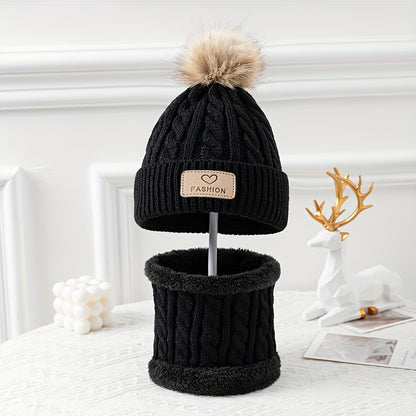 2pcs Warm Pom Pom Knitted Hat And Scarf Set For Boys And Girls