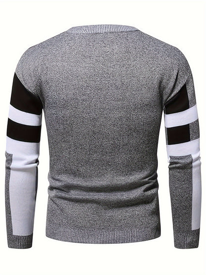 Mens Stylish Color Block Round Neck Stretch Sweater - Soft, Warm, and Trendy Pullover for Winter Outdoor Activities - Perfect for Casual Wear